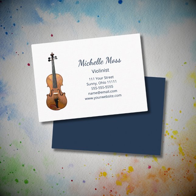 Elegant Violin Musician Performer Navy Blue Script Business Card (Creator Uploaded)