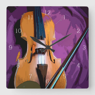 Elegant Violin on Purple Silk, Square Clock