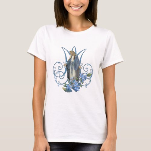 Elegant Virgin Mary Blue Floral Monogram M T_Shirt