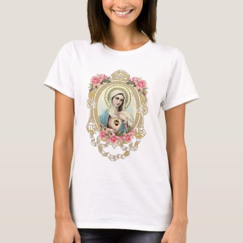 Elegant Virgin Mary Floral Roses Catholic T_Shirt
