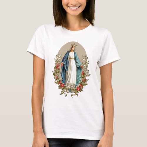 Elegant Virgin Mary Floral Roses Catholic T_Shirt