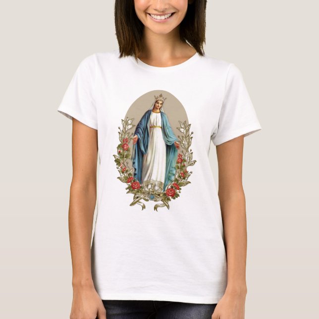 Elegant Virgin Mary Floral Roses Catholic T-Shirt (Front)