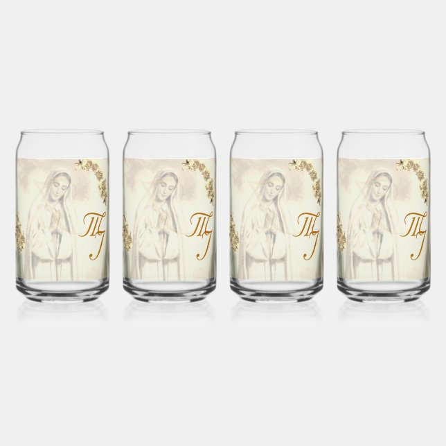 Elegant Virgin Mary Monogrammed Drinkware Set Can Glass (Front)