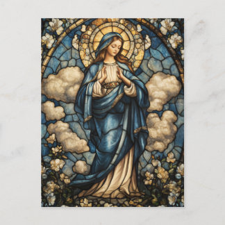Elegant Virgin Mary Stained Glass Art Postcard