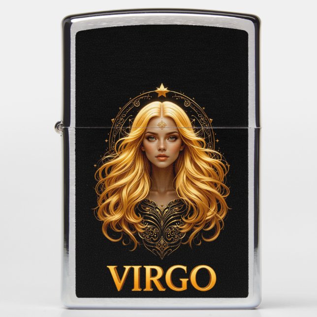 Elegant Virgo Zodiac Illustration Featuring Gold Zippo Lighter (Front)