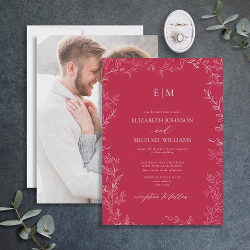 Elegant Vivid Magenta Leaf Photo Monogram Wedding Invitation