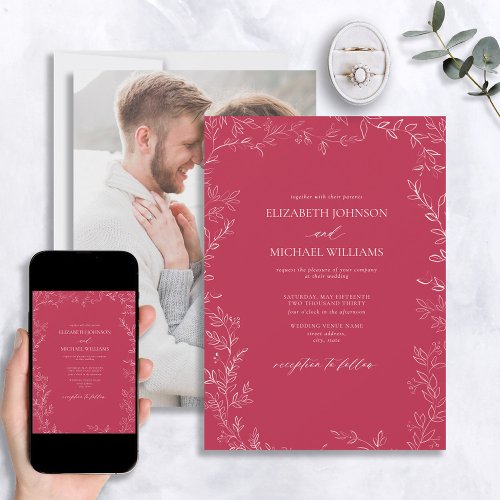 Elegant Vivid Magenta Minimal Leaf Photo Wedding Invitation