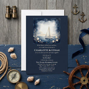 Elegant Voyage of Love Navy Blue Nautical Wedding Invitation