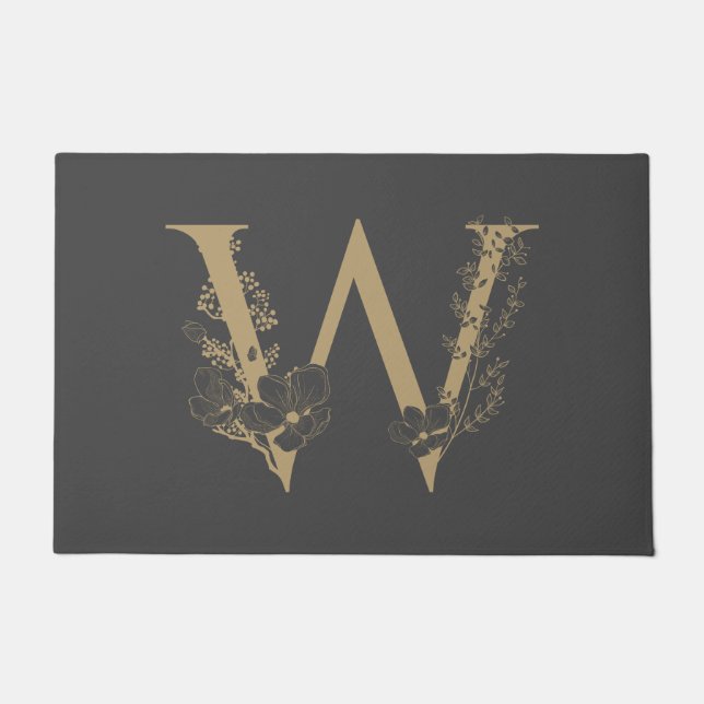 Elegant W Boho Floral Monogram Initial Gray Gold Doormat (Front)