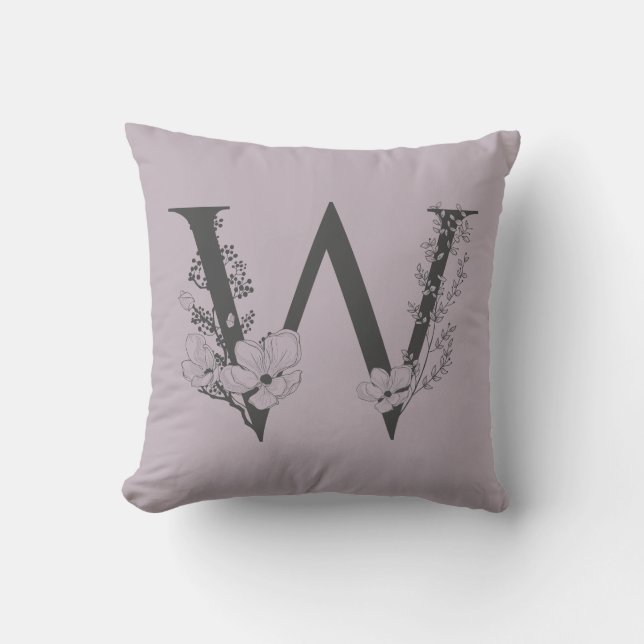 Elegant W Boho Floral Monogram Initial Lilac Gray Throw Pillow (Front)