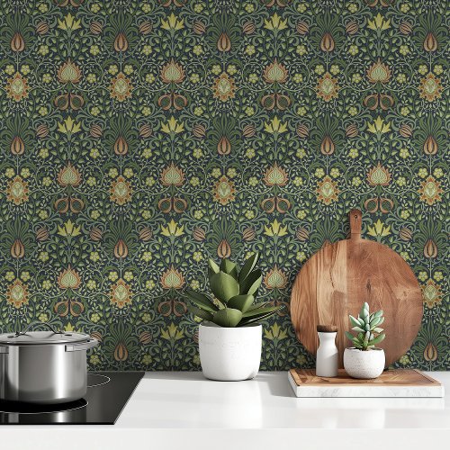 Elegant W Morris Persian Floral Classic Green Wallpaper