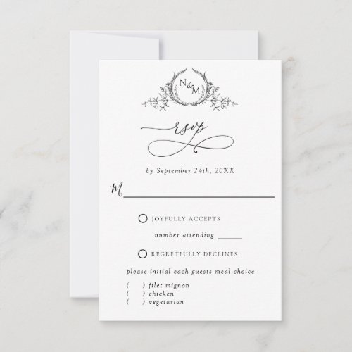 Elegant W Without meals White and Black Monogram  RSVP Card