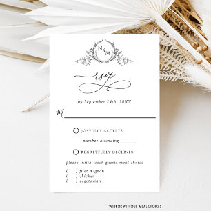 Elegant W /Without meals White and Black Monogram  RSVP Card