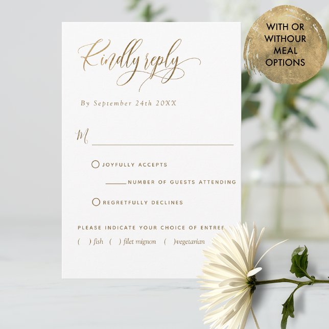 Elegant W/Without Meals, White and Gold, Wedding RSVP Card (Creator Uploaded)