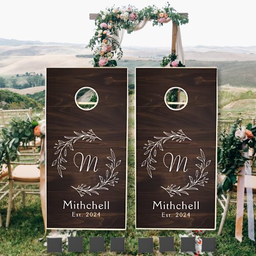 Elegant Walnut Brown Floral Monogrammed Wedding Cornhole Set