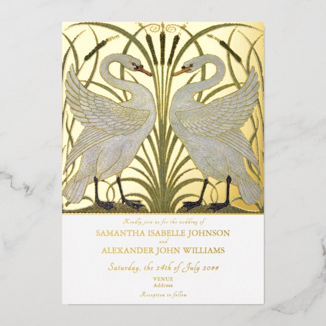Elegant Walter Crane Swan Pair Romantic Wedding Foil Invitation (Front)