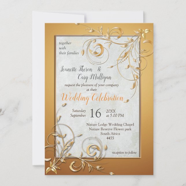 Elegant warm Gold shade  & Absract flowers Invitation (Front)