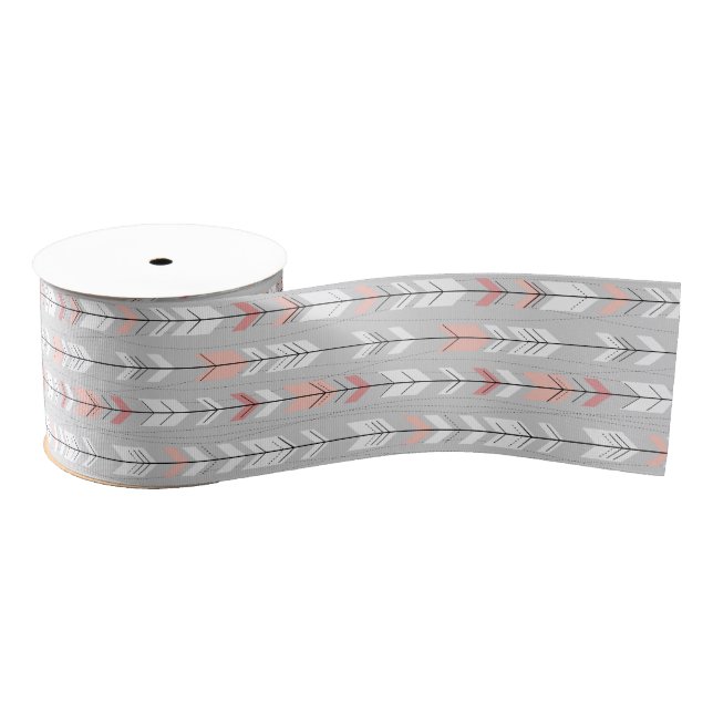Elegant Warm Gray White Pink Arrows Raining Down Grosgrain Ribbon (Spool)