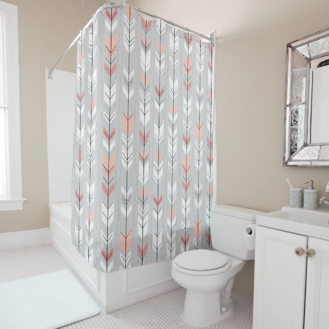 Elegant Warm Gray White Pink Arrows Raining Down Shower Curtain (In Situ)