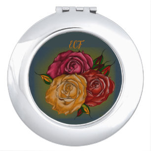 Elegant Warm Monogram Red Orange Yellow Art Roses Compact Mirror