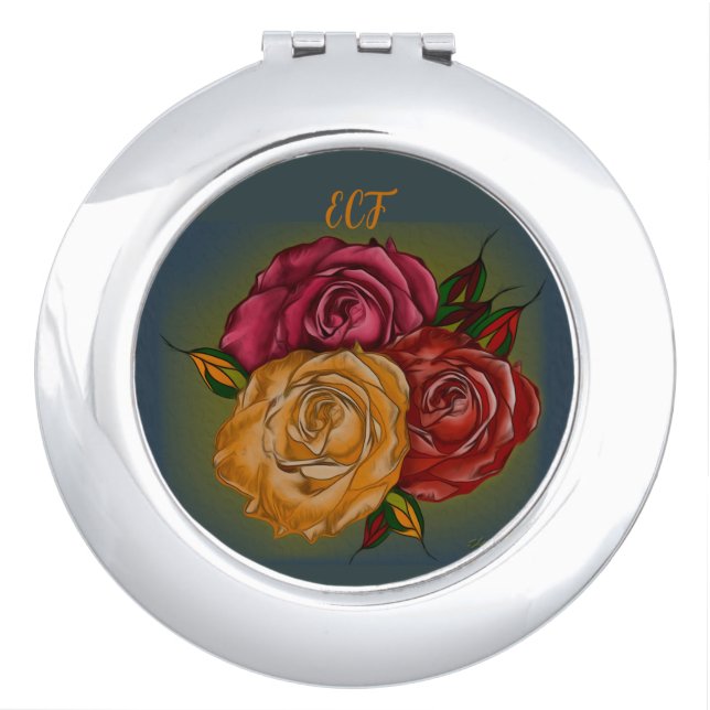 Elegant Warm Monogram Red Orange Yellow Art Roses Compact Mirror (Front)