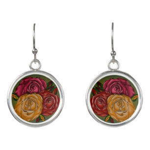 Elegant Warm Painted Red Orange Yellow Art Roses Earrings