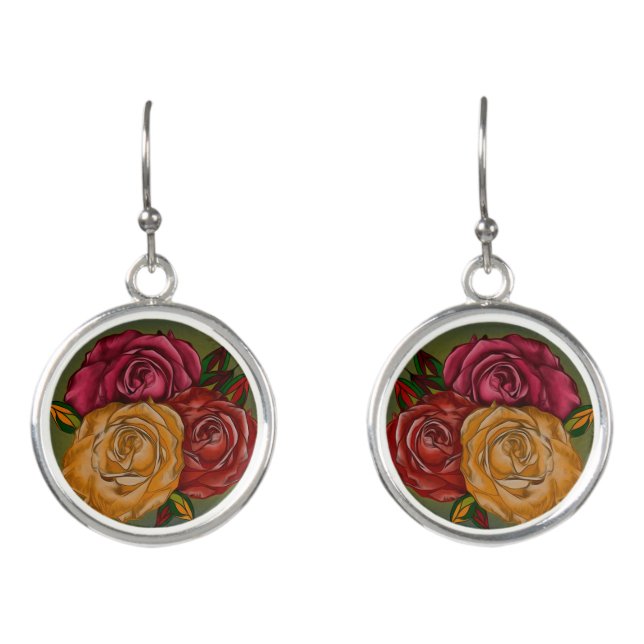Elegant Warm Painted Red Orange Yellow Art Roses Earrings (Front)