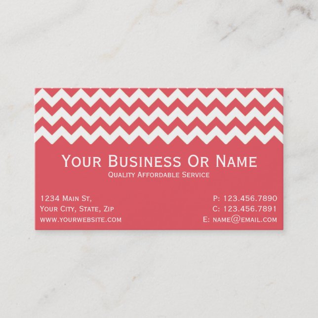 Elegant Warm Persimmon Pink White Chevron Business Card (Front)