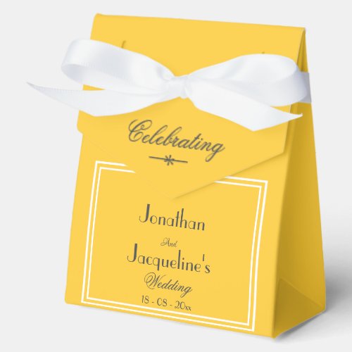 Elegant Warm Sunshine Yellow Script Names Wedding Favor Boxes