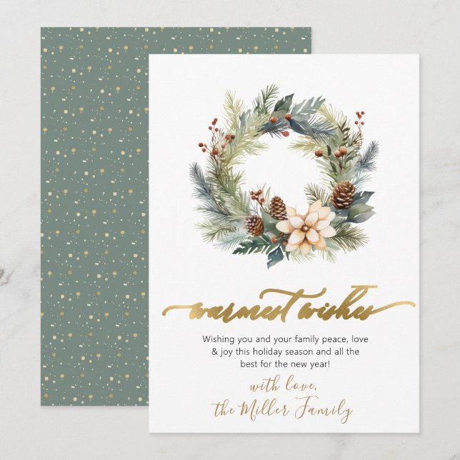 Elegant Warmest Wishes Script Wreath Greenery Holiday Card (Front/Back)