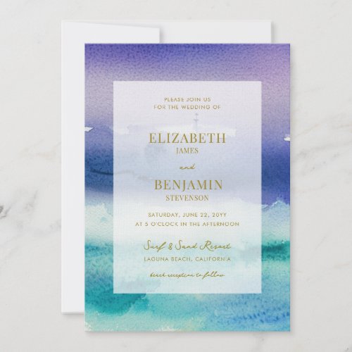 Elegant Water Landscape Blue Purple Beach Wedding Invitation