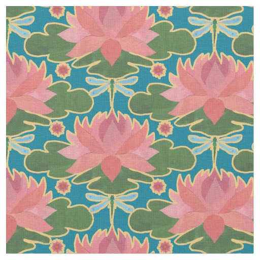 Elegant Water Lilies Dragonfly on Deep Blue Fabric