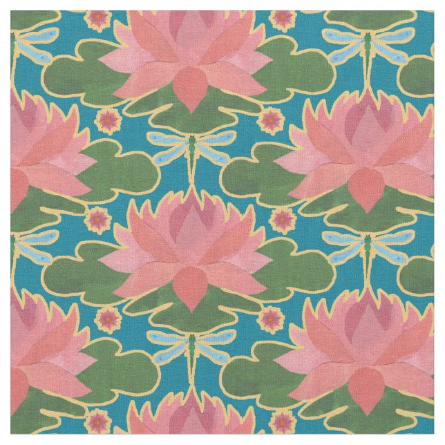 Elegant Water Lilies Dragonfly on Deep Blue Fabric (Close Up)