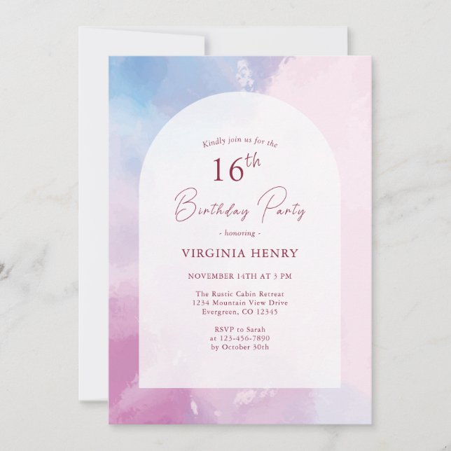 Elegant Watercolor 16th Birthday Invitation (Front)