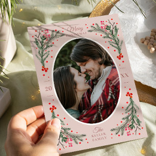 Elegant Watercolor 2 Photo Christmas Flat Blush Holiday Card