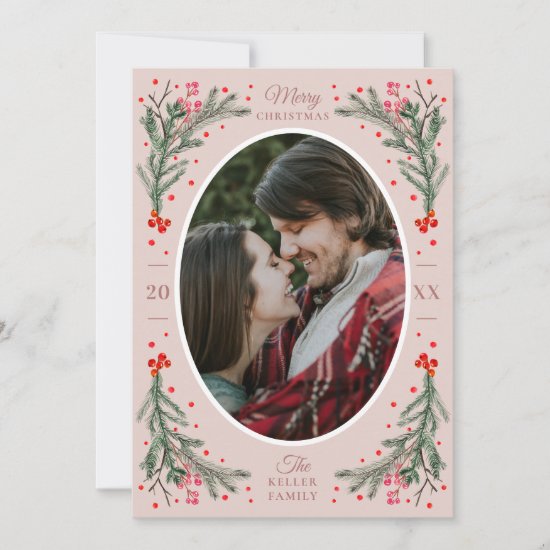 Elegant Watercolor 2 Photo Christmas Flat Blush Holiday Card