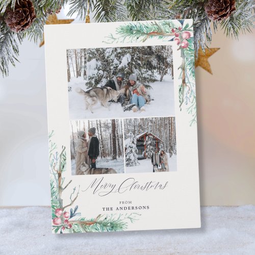 Elegant Watercolor 3 Photos Merry Christmas Holiday Card