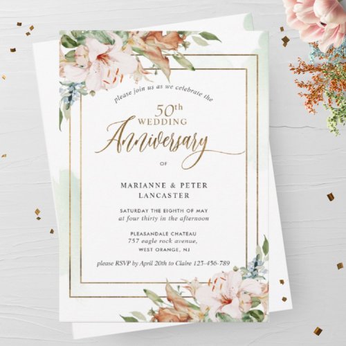 Elegant Watercolor 50th Wedding Anniversary Floral Invitation