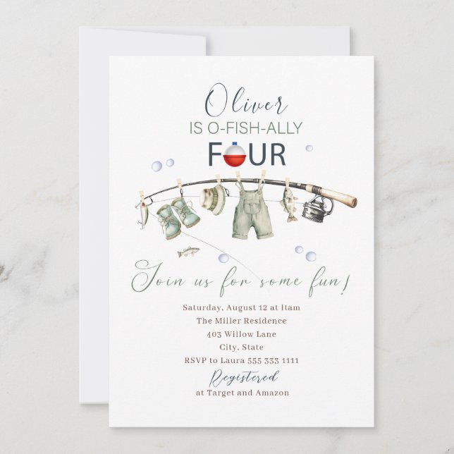 Elegant Watercolor A  little fisherman 4th birthda Invitation (Front)