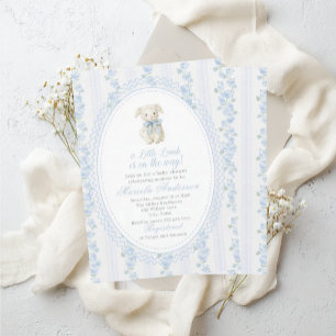 Elegant Watercolor a little lamb blue bow Baby Sho Invitation