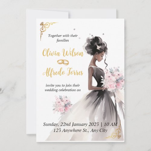 Elegant Watercolor African American Bride Wedding  Invitation
