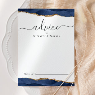 Elegant Watercolor Agate Navy Blue Gold Wedding Advice Card
