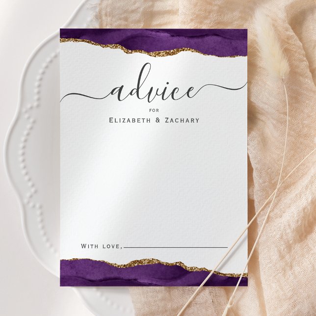 Elegant Watercolor Agate Purple Gold Wedding Advice Card (Creator Uploaded)