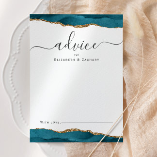 Elegant Watercolor Agate Teal Blue Gold Wedding Advice Card
