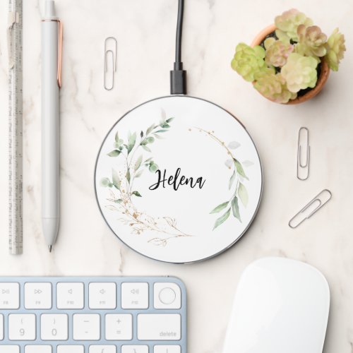 Elegant Watercolor Airy Greenery Gold Monogram Wireless Charger