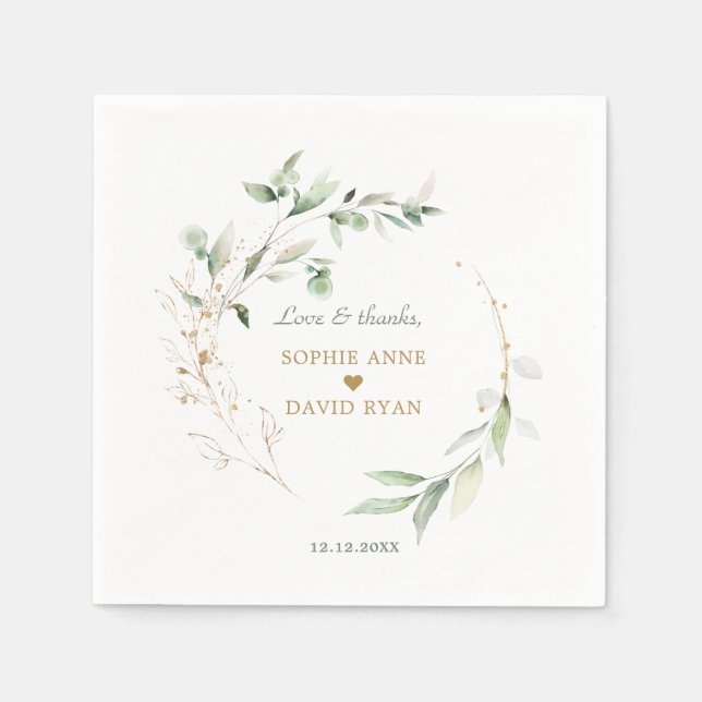 Elegant Watercolor Airy Leaves Gold Wedding  Napkins (Front)