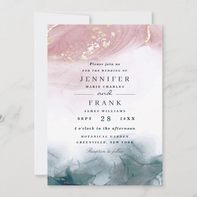 Elegant Watercolor Alcohol Ink Blush Blue Wedding Invitation (Front)
