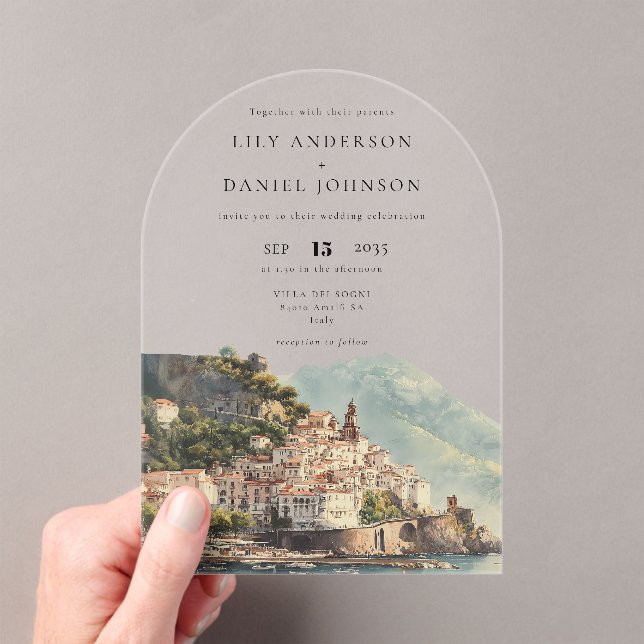 Elegant Watercolor Amalfi Italian Wedding Arch Acrylic Invitations (Insitu (Handheld))