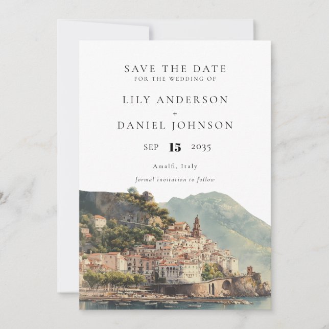Elegant Watercolor Amalfi Italian Wedding Save The Date (Front)