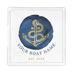 Elegant Watercolor Anchor Nautical Name Navy Blue Acrylic Tray